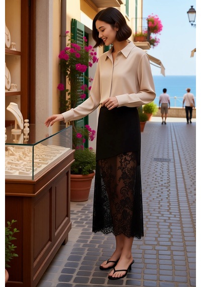 Benerly Kadın Dantel Detaylı Triko Etek Maxi Boy Düz Desen Rahat Kesim Ko Siyah