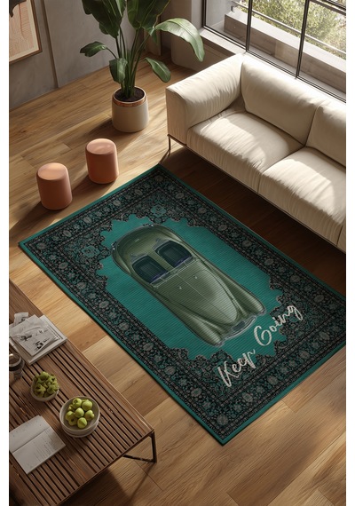 Retro 104 Turkuaz Yeşili Vintage Retro Araba Yıkanabilir Tasarım Halı Salon Oturma Ev Oda Halısı