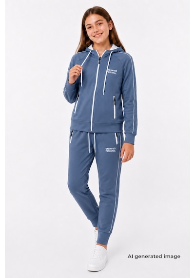 Pina Kids Kız Çocuk Scuba Unlimited Çift Şeritli Kapüşonlu Reglan Kol Dalgıç Kumaş Eşofman Takımı Esf7023 Indigo