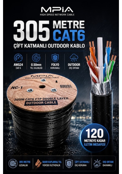Mpıa 305 Metre Cat6 Utp Outdoor İnternet Kablosu 0.50mm Çift Katmanlı Folyo Korumalı Awg24 Diğer