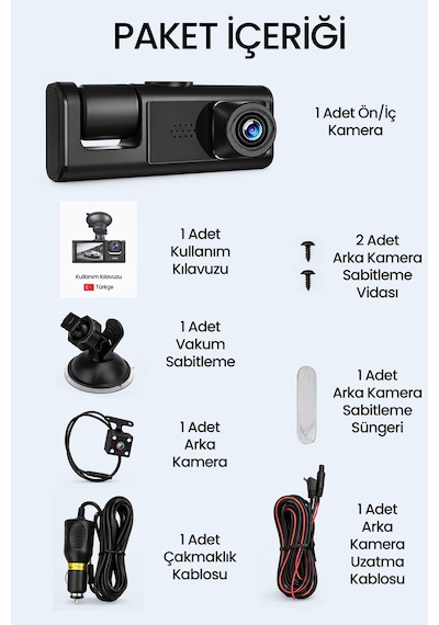 3 Kameralı Lcd Ekran Araç Kamerası Fullhd Geniş Açı Ön + Arka + Araç İçi Kamera Hareket Sensörü C309