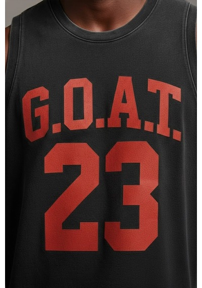 Technomonkey Siyah Erkek Pamuklu Antrenman Sporcu Atleti Oversize Yıkamalı Goat 23 Baskılı Kolsuz T-shirt