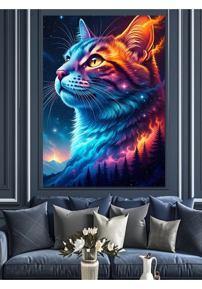 Ahşap Tablo Renkli Uzaylı Kedi Portresi