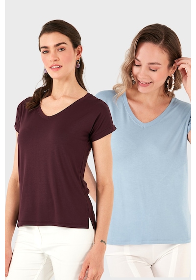 Lela V Yaka Relaxed Fit Yırtmaç Detaylı 2'Li Paket Bayan Bluz 5862000S2 Bebe Mavi-Vişne