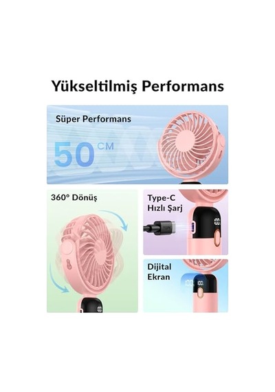 K70 Taşınabilir Şarjlı El Vantilatörü 2400mah 360 Döner Başlıklı Ve Standlı Dijital Ekranlı Soğutucu Fan Pembe