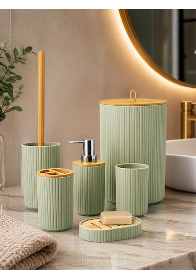 6 Lı Banyo Seti Sabunluk Diş Fırçalık Sıvı Sabunluk Çöp Kovası Tuvalet Fırçası Organizer Yeşil