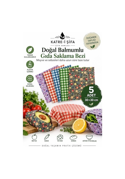 Balmumlu Doğal Gıda Saklama Bezi 5 Parça Balmumu Bez Beeswax Food Çok Renkli