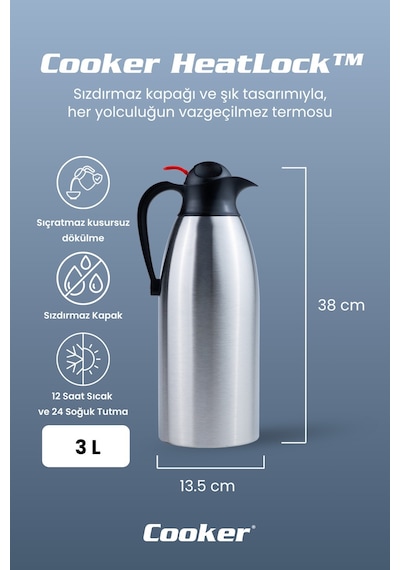 Cooker Heatlock 3 Litre Paslanmaz Çelik Büyük Boy Termos Ckr2116 Gümüş