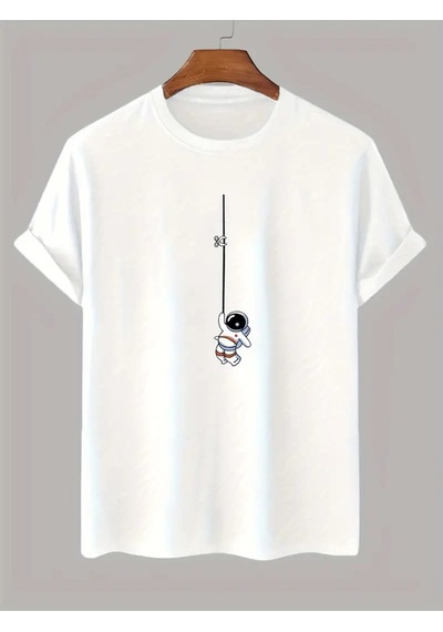 Flood Of Style Unisex Beyaz İpte Astronot Baskılı Oversize