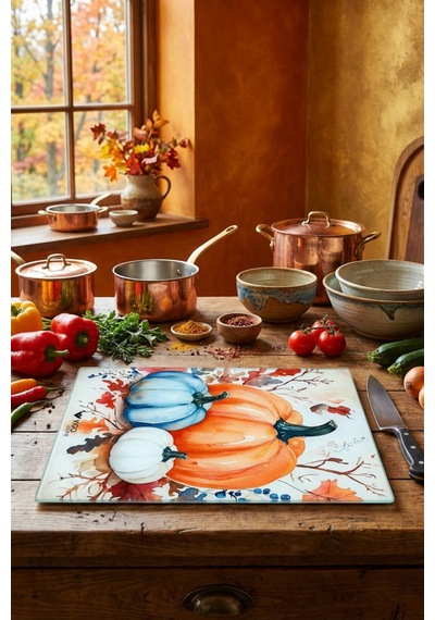 Makri Home Dekoratif Kabak Desenli Cam Kesme Tahtası 25 Cm 35 Cm Turuncu