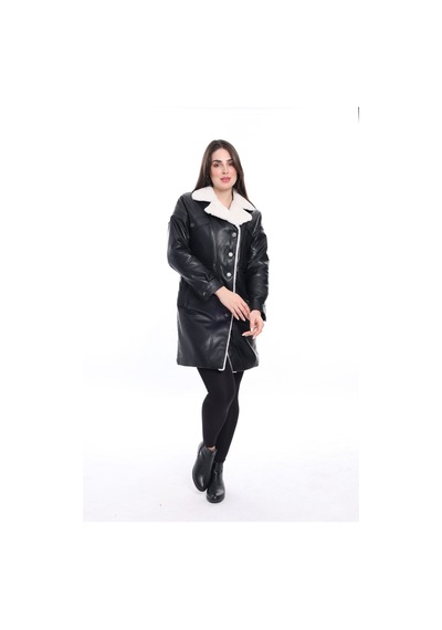 M M Marki Marki Kadın Deri Kaban, Siyah Kürk Yakalı, Uzun Şişme Kaban, Şık Ve 90 Cm Uzunluk - 111522