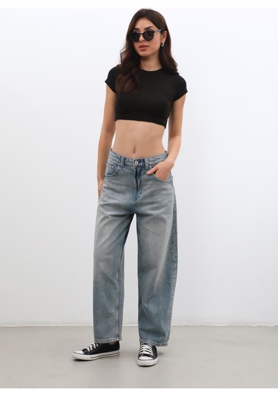 Kadın Yüksek Bel Skater Fit Jean Pantolon Tint Mavi