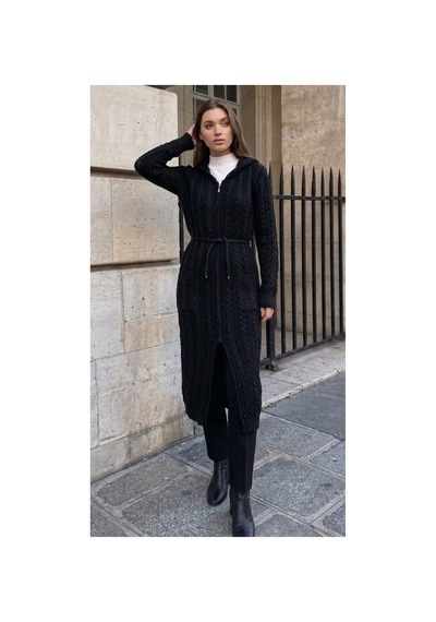 Onno Style Women Saç Örgü Triko Uzun Kadın Hırka Siyah