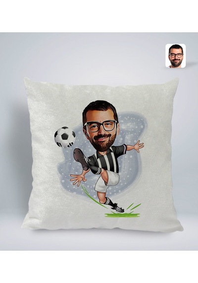 Bk Gift Kişiye Özel Siyah Beyaz Futbolcu Karikatürlü Kare Araç Koltuk Yastığı-1