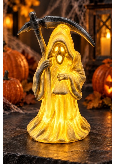 Halloween Cadılar Bayramı Led Işıklı Azrail Figürü Oraklı Kapüşonlu Gün Işığı Masa Süsü 18 Cm Renkli
