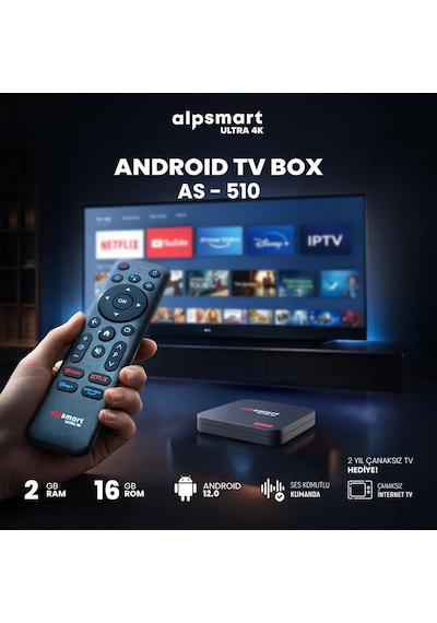 Alpsmart As510 Ultra 4k Android Tv Box 2gb Ram 16gb Hafıza Android 12.0 Ses Komutlu Kumanda Kablosuz İnternet Tv Box