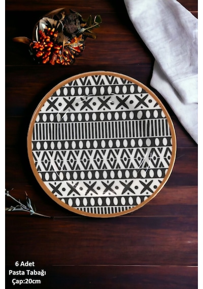 Mona 6 Kişilik Siyah Desenli Porselen Pasta Tatlı Tabağı Seti - 20cm
