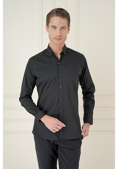 Efor Slim Fit Düğmeli Yaka Esnek Klasik Siyah Gömlek Gk 746 Siyah
