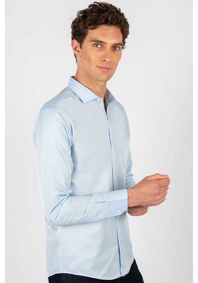 Tudors Modern Slim Fit Dar Kesim Düz Erkek Gömlek-23906 Mavi