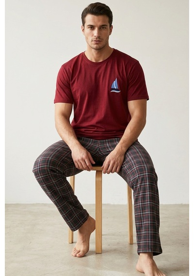 Siyah İnci Örme Kısa Kollu Pijama Takım 8006 Bordo