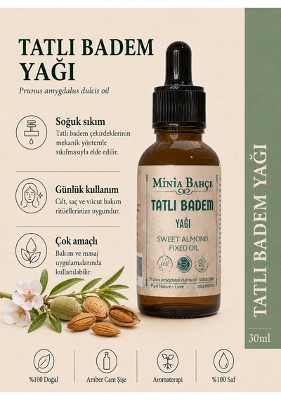 Minia Bahçe Tatlı Badem Yağı Soğuk Sıkım Sabit Yağ 30 ML