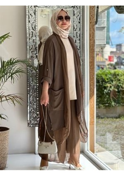 Itayan Ipek Detaylı Oversize Kaftan- Pantolon Takım Açık Kahve Kahverengi