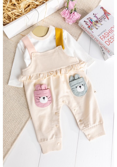 Baby Mod Tavşan Fiğürlü100% Pamuk Kız Bebek Salopet 2'li Tulum Krem
