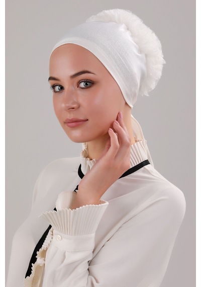 Melodi Scarf Kadın Tesettür 3'lü Fırfırlı Dikişli Bone Ekru Ekru