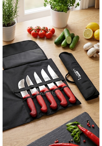 Silver Serisi Çantalı 5 Li Mutfak Gastronomi Bıçak Seti Mft-254 Kırmızı - Siyah