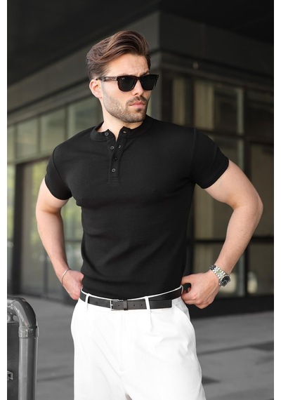 Madmext Siyah Slim Fit Hakim Yaka Triko Erkek Tişört E7189