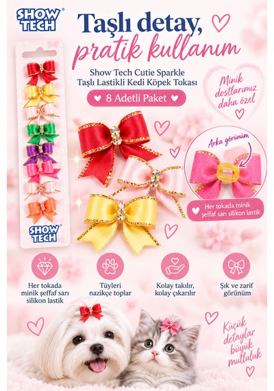 Show Tech Cutie Sparkle Taşlı Lastikli Kedi Köpek Tokası 8 Adetli Paket