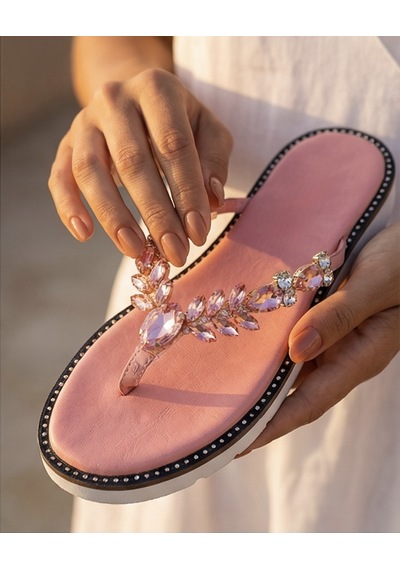 Futsishoes Odette Pembe Hakiki Deri Taş İşlemeli Parmak Arası Kadın Terlik
