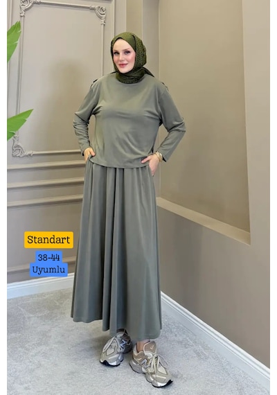 Balenbi Kadın Modal Kumaş Rahat Kalıp Lastikli Bel Etekli Tesettür Takım 1221 - Premium Seri Haki Balenbi Kadın Modal Kumaş Rahat Kalıp Lastikli Bel Etekli Tesettür Takım 1221 - Premium Seri Haki