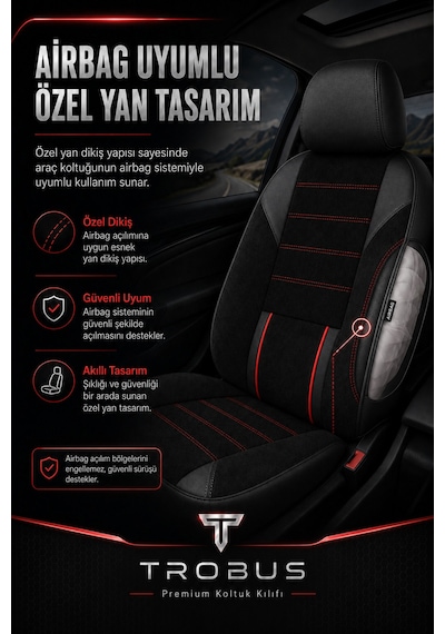 Nova Serisi Tay Tüyü Bel Destekli Siyah Kırmızı Premium Üniversal Koltuk Kılıfı Tam Set