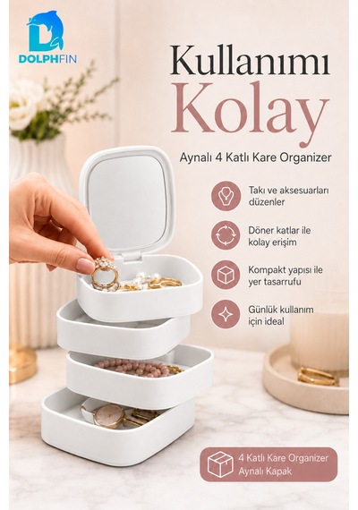Aynalı 4 Katlı Kare Makyaj Ve Kozmetik Organizer Banyo Dolap Düzenleyici Beyaz
