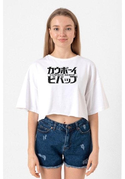 Cowboy Bebop Retro Letter Logo Beyaz Kadın Crop Tshirt Beyaz