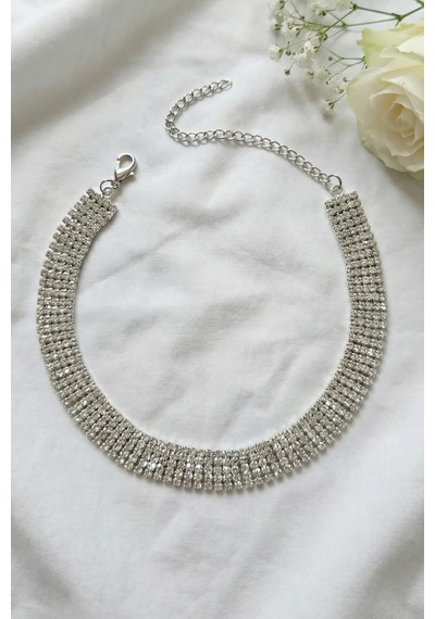 Valmont Accessories Kristal Taşlı 26+10 Cm Choker Işıltılı Şık Kadın 5 Sıra Su Yolu Tasma Kolye Gümüş