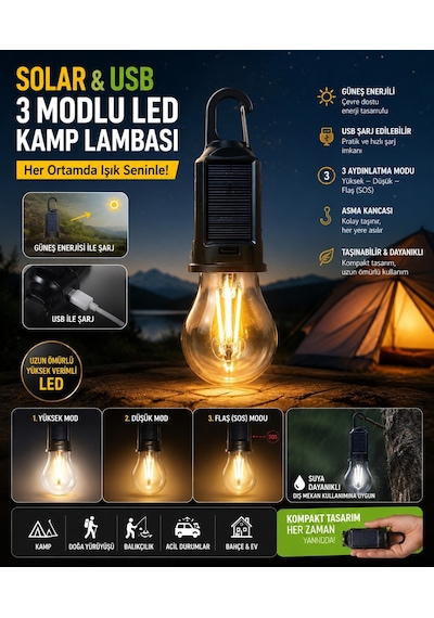 6 Adet Güneş Enerjili Usb Şarjlı 3 Modlu Led Asma Kancalı Taşınabilir Kamp Feneri Aydınlatma Lambası Çok Renkli