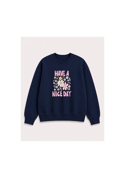 Herkesemoda Emoji Çiçekler Baskılı 2 İplik Şardonlu Bisiklet Yaka Sweatshirt Kahverengi