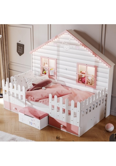 Meltem Kids Küçük Ev Çocuk Odası Montessori Karyola Pembe 100 x 200 CM Pembe