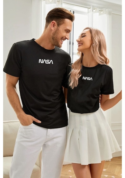 Unisex Nasa Baskılı Kısa Kol T-shirt SIYAH