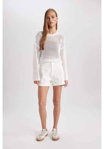 Defacto Regular Fit Bisiklet Yaka Kroşe Ajurlu Delikli Crop Triko Kazak T4513AZ24AUER103 Ekru