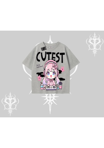 Startmore Startmore Oversize Tshirt Cute Anime Gamer Girl Baskılı Gri