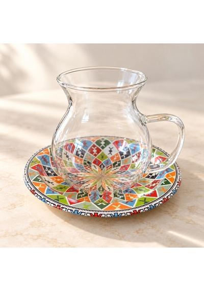 Renkli Metal Tabaklı 6'lı Çay Bardağı Seti Çok Renkli