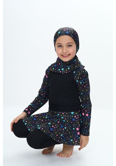 My Kids Wear Üç Parça Kız Çocuk Haşema, Tesettür, Etekli, Kapalı Mayo Mavi - Sarı