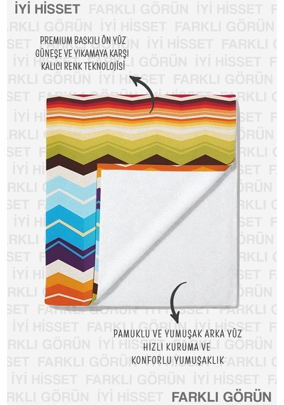 Renkli Geometrik Zigzag Çizgili Plaj Havlusu - Modern Turuncu Mavi Hızlı Kuruyan Mikrofiber Havlu Puslu Şafak