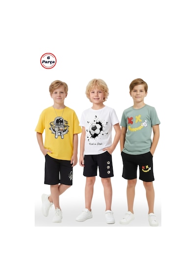 Fyk Kids 3'lü Yuvarlak Yaka Baskı Detaylı Erkek Çocuk 6 Parça Alt Üst Takım Sarı-beyaz-mint