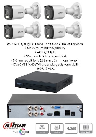 Dahua 2 Mp Full Hd 4 Kameralı Sesli Renkli Gece Görüşlü Full Hd Kamera Set