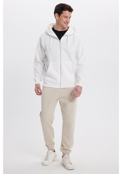 Tudors Unisex Relax Fit Rahat Kesim Pamuklu İçi Polarlı Çift Cepli Tam Fermuarlı Beyaz Kapüşonlu Sweatshirt-41646 Beyaz
