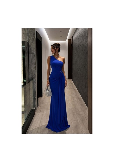 Lior Design Kadın Sade Tek Omuz Kemerli Maxi Abiye Elbise Saks